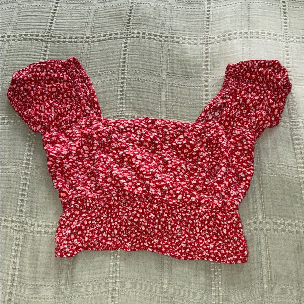 Floral Smocked Red Crop Top with Puff Sleeves